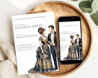 Invitación a velada victoriana, invitación minimalista vintage para parejas, fiesta de té victoriana, invitación de lujo para fiestas, plantilla editable de Canva.