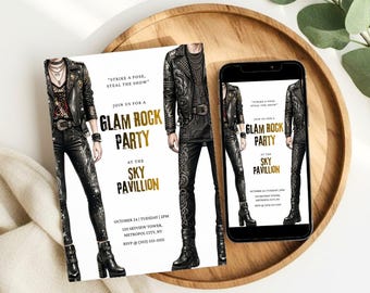 Invitación para fiesta de glam rock, invitación minimalista para fiesta de música rock, descarga editable de Canva para cumpleaños de estrella de rock