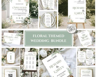 Pacchetto di modelli per matrimonio floreale / Inviti di nozze verde salvia / Pacchetto di cartelli per matrimonio modificabili / Modelli di matrimonio Canva / Unplugged