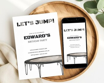 Invito di compleanno a tema trampolino, invito minimalista per una festa con salti, modello Canva modificabile (download digitale)