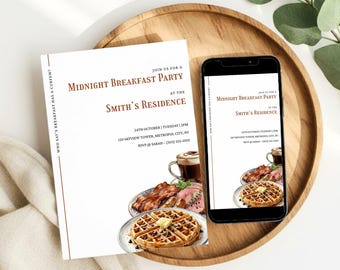 Invitación para desayuno de fiesta, invitación minimalista para desayuno de medianoche, invitación editable para fiesta nocturna en Canva (descargable)