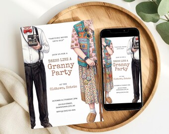 Invitación para fiesta temática "Vístete como una abuela", invitación minimalista y divertida para cumpleaños, descarga editable de Canva "Vístete como una abuela"