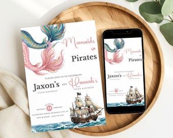 Invito di compleanno congiunto per fratelli e sorelle a tema sirene e pirati, modificabile e scaricabile in formato digitale da Canva.