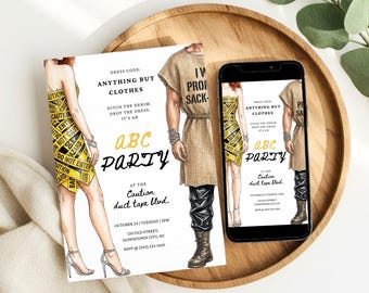 Invito per la festa "Anything But Clothes", invito minimalista per la festa ABC, festa in costume per adulti, download modificabile da Canva.