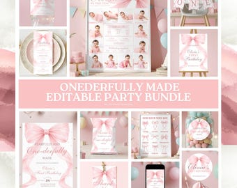 Paquete para primer cumpleaños, hecho con miedo y dedicación, letrero de bienvenida, hito, lazo rosa, recuerdos editables, tema rosa para niña.