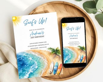 Invito di compleanno a tema surf, invito minimalista per festa di surf per adulti, compleanno in spiaggia, modificabile e scaricabile da Canva.