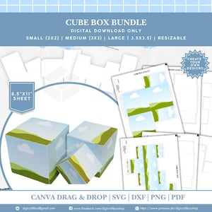 Puede incluir: Paquete de cajas cúbicas de descarga digital con tamaños pequeño (5.08x5.08 cm), mediano (7.62x7.62 cm) y grande (8.89x8.89 cm). Las cajas presentan un diseño de cielo azul y paisaje verde. Incluye archivos Canva, SVG, DXF, PNG y PDF.