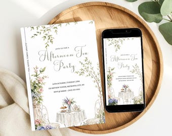 Elegant Garden Tea Party Invitation, Watercolor Floral Design, Editable Canva Template (Digital Download)