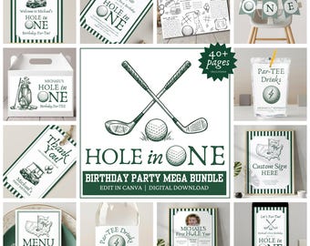 May include: A collection of golf-themed party supplies with a green and white color scheme. Includes invitations, signs, drink labels, and a banner. The text "HOLE IN ONE" is prominently displayed, along with the phrase "Birthday Party Mega Bundle".