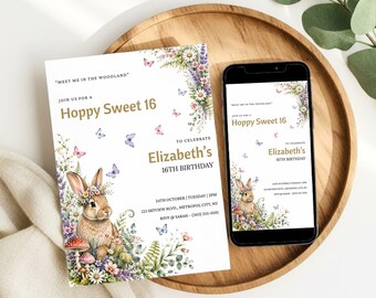 Invito per la festa dei 16 anni a tema coniglietto del bosco, invito per festa di compleanno a tema animali del bosco, modificabile su Canva (download digitale)
