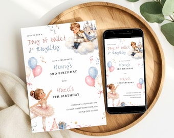 Convite de aniversário para irmãos bailarina e príncipe, festa de aniversário conjunta para menina e menino, convite para irmão e irmã, modelo editável