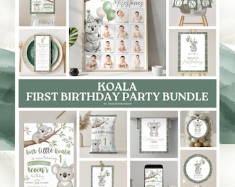 Paquete de fiesta de primer cumpleaños de koala, recuerdos de fiesta con temática de koala, set de fiesta editable e imprimible