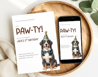 Invitación de cumpleaños para perros, invitación para fiesta de cumpleaños de mascotas, invitación minimalista para fiesta de cachorros (descargable en Canva, editable)