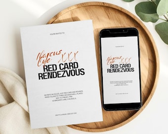Invitación de cumpleaños número 30, Red Card Rendezvous, plantilla minimalista y elegante de Canva (descarga digital)