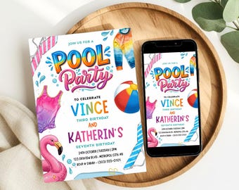 Invito per festa in piscina tra fratelli, compleanno estivo congiunto, invito di compleanno per 2 bambini, download modificabile da Canva