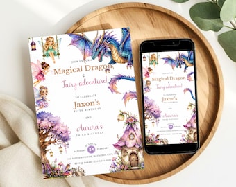 Dragon and Fairy Sibling Birthday Invitation, Minimalist Joint Birthday Party Invite, Brother Sister Fantasy Birthday, Canva Download