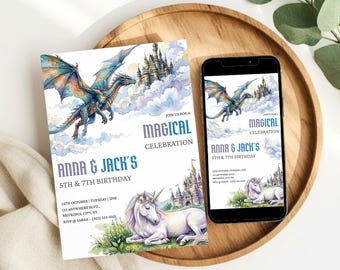 Invito di compleanno per fratelli e sorelle a tema unicorno e drago, invito minimalista per festa di compleanno congiunta, invito di compleanno fantasy per fratello e sorella, modificabile e scaricabile da Canva.