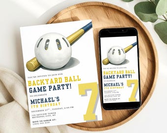 Invito per una festa di compleanno a tema baseball in giardino, con mazza e palla di plastica, ideale per una festa di compleanno a tema sport estivi. Download digitale modificabile.