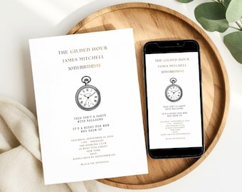 Invitación a la fiesta de la Hora Dorada, invitación de reloj, invitación de hora, plantilla editable de Canva minimalista y elegante dorada para el 30 cumpleaños.