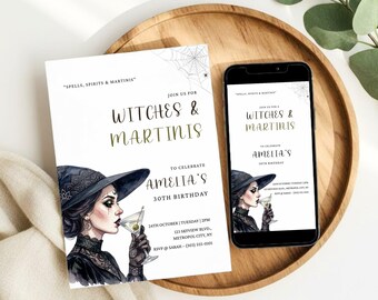 Witches and Martinis Birthday Invitation, Halloween Birthday Party Invite, Witch Birthday Party, Martini Birthday, Girls Halloween Party