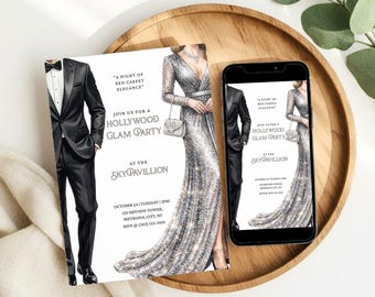 Invitación a fiesta con glamour de Hollywood, invitación minimalista para fiesta de alfombra roja, invitación de cumpleaños con estilo del viejo Hollywood (editable en Canva)