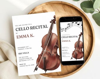 Minimalistische Cello-Rezital-Einladung, Musik-Recital-Konzert einladen, elegante Cello-Aufführung, bearbeitbares Mobile & Printable