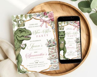Invito di compleanno per fratelli a tema T-Rex, festa del tè con i dinosauri, festa per bambini (download su Canvas)