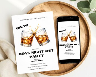 Invito per una serata tra ragazzi, invito minimalista per una festa tra uomini, invito modificabile per feste per adulti da scaricare su Canva.