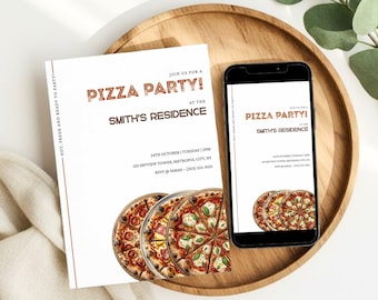 Invitación para fiesta de pizza, invitación de cumpleaños minimalista, descarga editable en Canva (digital)