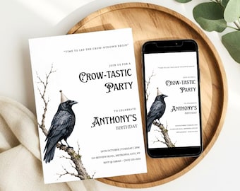 Invito di compleanno a tema corvo, invito per festa a tema natura oscura, download modificabile su Canva