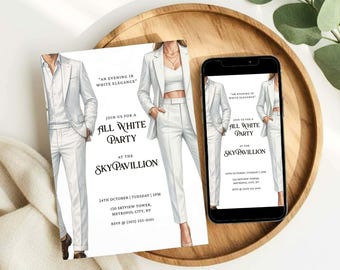 Invitación elegante para fiesta totalmente blanca, temática minimalista, descargable en Canva (descarga digital).