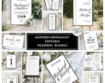 Pacchetto matrimonio moderno e minimalista, set di inviti, cerimonia unplugged, la sera prima, cartelli per la festa di matrimonio modificabili, modello Canva
