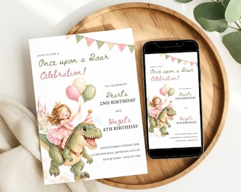 Convite de aniversário para irmãs: princesa e dinossauro, festa de aniversário conjunta, convite para festa de dinossauro para menina, aniversário compartilhado, modelo editável