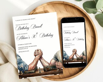 Arm Wrestling Party Invite, 30th Birthday Invitation, Minimalist Funny 30th Birthday Editable Canva Download