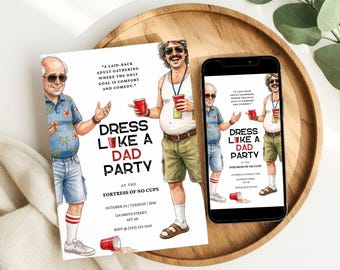 Invito per festa a tema "Vestiti come papà", invito minimalista per festa in costume per adulti, divertente invito per compleanno con dress code, modificabile e scaricabile da Canva.