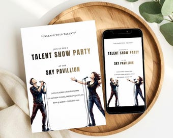 Invitación para fiesta de talentos, invitación minimalista de cumpleaños para concurso de talentos, descarga editable de Canva para noche de actuaciones