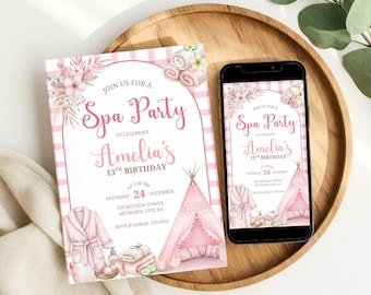 Pink Spa Birthday Party Invitation, Editable Canva Template (Digital/Mobile Invite)