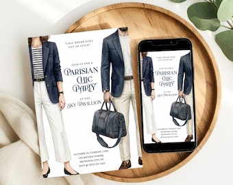 Invitación de fiesta estilo parisino chic, invitación minimalista con temática de París, elegante invitación de cumpleaños francesa editable en Canva (descargable)