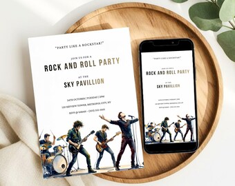 Invitación para fiesta de rock and roll, invitación de cumpleaños de estrella de rock, descarga digital editable de Canva.