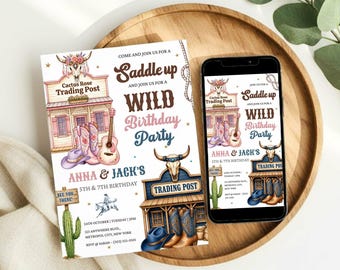 Invito di compleanno a tema rodeo per fratelli, invito minimalista per festa di compleanno in stile western, invito modificabile per compleanno a tema cowboy/cowgirl da scaricare su Canva.
