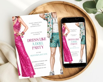 Invito per festa a tema "Vestiti come una bambola", festa in costume minimalista per adulti, festa di compleanno a tema bambola, festa Dollcore (modello modificabile da scaricare su Canva)