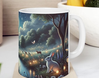 Cozy Night Forest Animals Mug, Peaceful Moonlight Scene with Deer, Fox, Dog, Cat, and Fireflies, Cute Ceramic Coffee Cup Gift