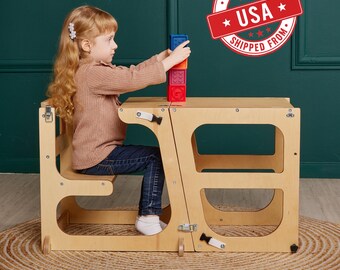 Kitchen Toddler Tower with Backrest, Convertible toddler tower table, kitchen step stool, learning help stool, helper kitchen stool