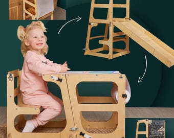 8in1 Kitchen tower Toddler Tower table with Seatback,  convertible kitchen stool, kids help tower, Montessori Stool, educational tower slide