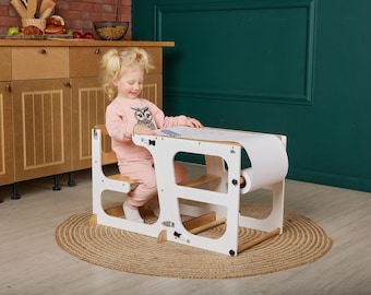 Convertible Toddler Tower with Seatback, Montessori kitchen tower table, learning help tower with safety net, chalkboard, toddler slide