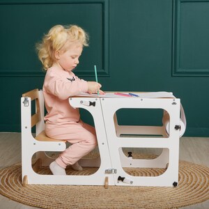 Toddler Tower - Table with Back, Kitchen Tower Foldable, Kitchen Stool Kids, Wood Tower Stool, Montessori Step Stool, learning helper stool
