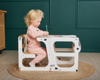 Toddler Tower - Table with Back, Kitchen Tower Foldable, Kitchen Stool Kids, Wood Tower Stool, Montessori Step Stool, learning helper stool