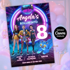 May include: A colourful invitation for an eighth birthday party, with three animated figures on roller skates. The design includes a disco ball, neon accents, and the text "Angela's Rollin Into 8". The invitation is a Canva template.