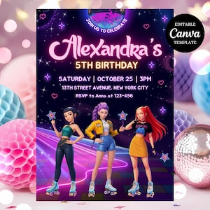 May include: A birthday party invitation with the text "Alexandra's 5th Birthday." The invitation features three animated figures on roller skates, a disco ball, and the text "Join us to celebrate." The invitation is a Canva template.
