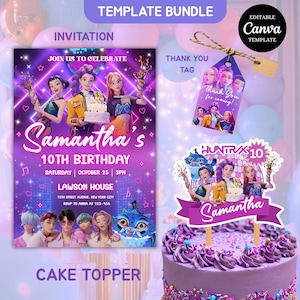 Pode incluir: Um pacote de modelos com um convite de aniversário, uma etiqueta de agradecimento e um topo de bolo. O convite é roxo e diz "10º Aniversário de Samantha". O topo de bolo tem o nome "Samantha" em uma faixa roxa.